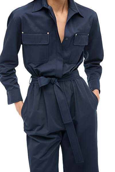 Perspective Navy Blue Shirt Collar Pipe Leg Jumpsuit