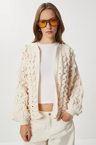 Lovelyİstanbul Balónkový úpletový kardigan s děrovaným vzorem LMT0036 KRÉMOVÝ