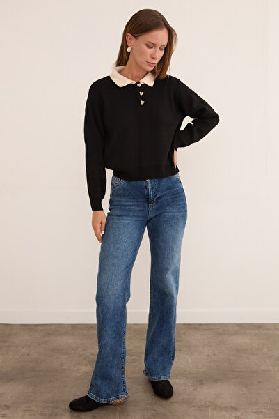 Fulla Moda Basic Polo Neck Half Button Knit Sweater