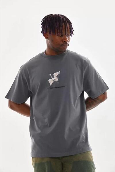 Ekince Unisex εμπριμέ μπλουζάκι Oversize - Καπνιστό