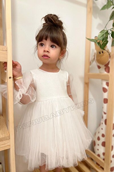 penu baby kids Ecru Shimmering Fabric Long Tulle Sleeves with Ruffled Tulle Skirt Girls' Baby Girl Dress