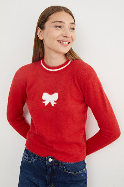 Fulla Moda Ribbon Patterned Crew Neck Bearded Sweater