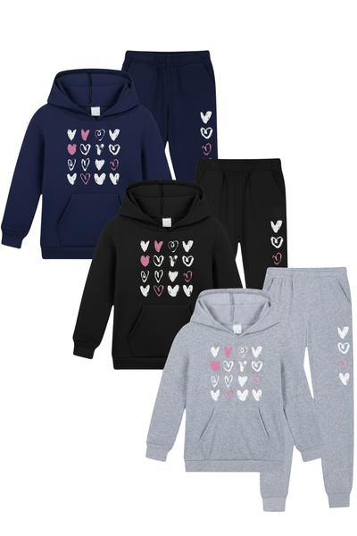 FYK KİDS 3 részes, kapucnis, szívmintás, részletezett, kenguru zsebes lányka tréningruha szett