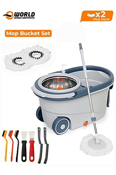 Eworld مجموعة ممسحة دوارة بعجلات، ومقبض من الفولاذ المقاوم للصدأ، ورأسين للمم...