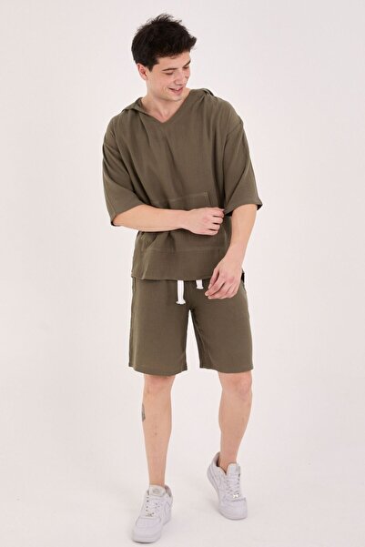 RELAXL 2-Piece Set 100% Cotton Shorts and Hooded Sweatshirt Khaki Green