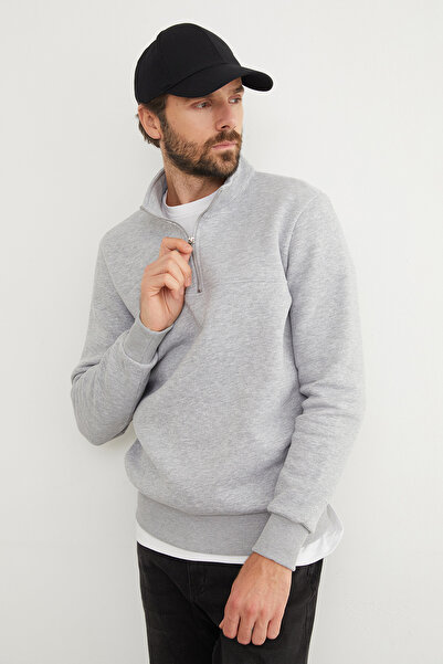 Fulla Moda 3 İplik Basic Dik Yaka Yarım Fermuarlı Sweatshirt