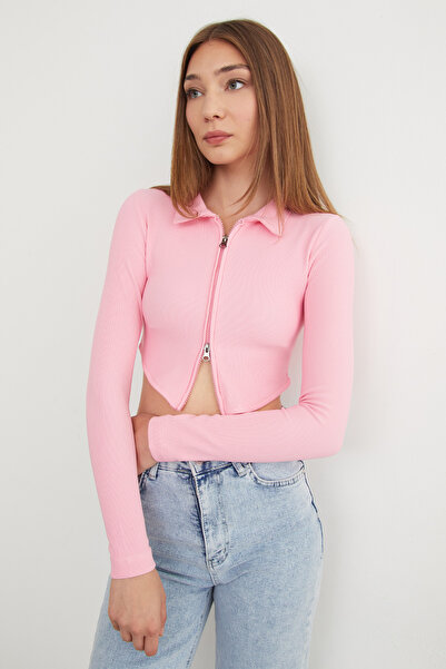 Fulla Moda Double Zipper Polo Collar Blouse