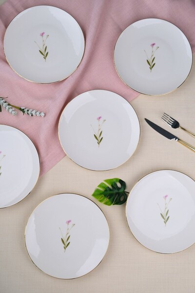 tabakevi Tabak Evi Porcelain Natura Broadcloth Gold Gilded Cake Plate 20.50cm Set of 6