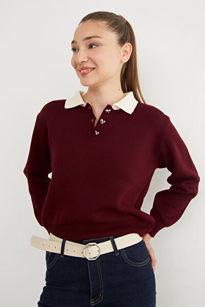 Fulla Moda Βασικό πλεκτό πουλόβερ με μισό κουμπί με λαιμόκοψη πόλο