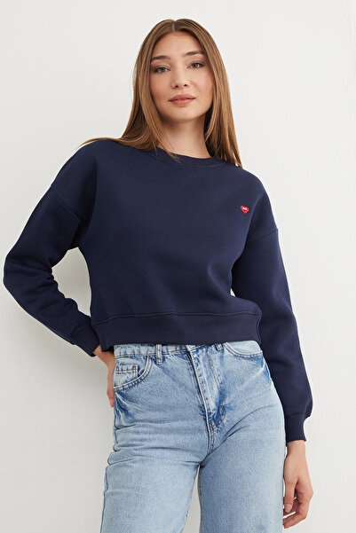 Fulla Moda 3 İplik Kalp Nakışlı Bisiklet Yaka Sweatshirt