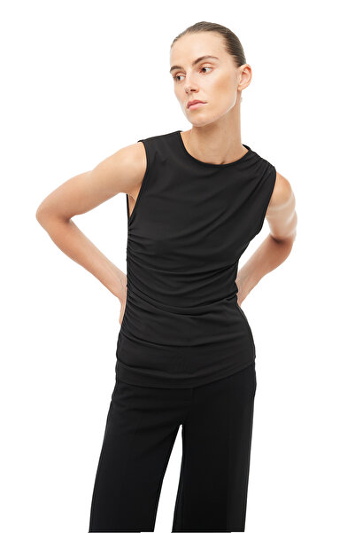Perspective Black Asymmetrical Neckline Slim Fit Zero Sleeve Blouse