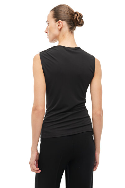 Perspective Black Asymmetrical Neckline Slim Fit Zero Sleeve Blouse