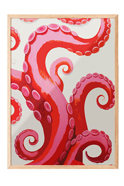 Zestia Tablou cu ramă din lemn, ilustrație cu caracatiță roșie, poster decora...