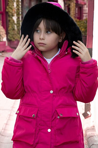 Cansın Mini Pink Padded Coat with Pockets, Fur Inside, Detachable Hood for Girls 21483