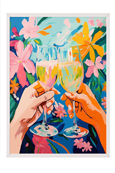 Zestia Tablou înrămat alb, model colorat cu cocktail și flori, poster decorat...