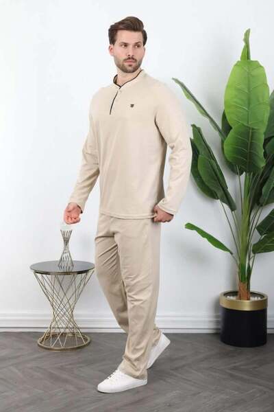 Madmext Beige Buttoned Collar Men's Pajama Set E7333