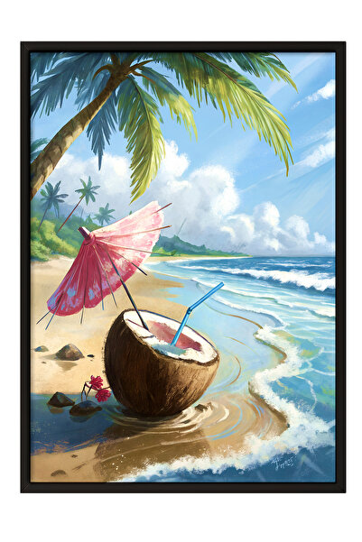 Zestia Tablou cu ramă neagră, peisaj tropical de coastă și nucă de cocos, pos...