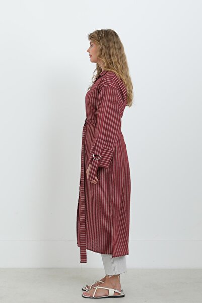 Puane Women's Belted Striped Tunic Shirt-10701Tun - Burgundy