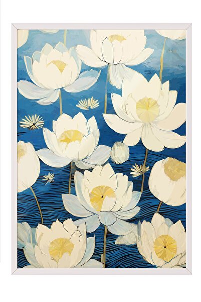 Zestia Tablou înrămat alb, flori de lotus pe fundal albastru, poster decorati...
