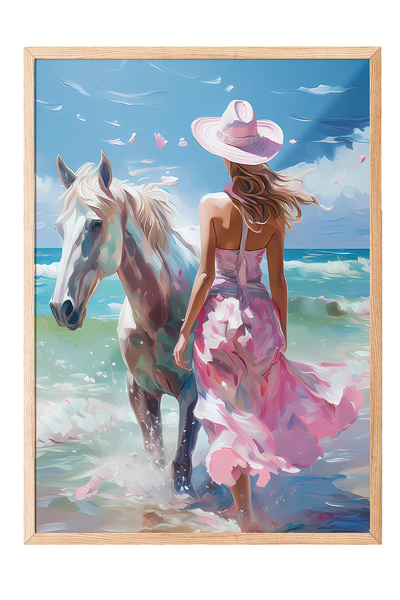 Zestia Tablou cu ramă din lemn, Femeie cu pălărie lângă mare, Poster decorati...