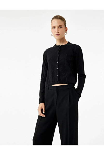 Koton Crew Neck Knitwear Black Women's Cardigan 6Wak90045Ht