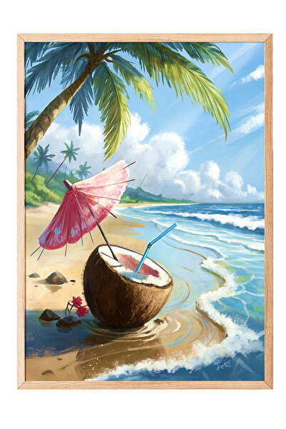 Zestia Tablou cu ramă din lemn, coastă tropicală și nucă de cocos, poster dec...