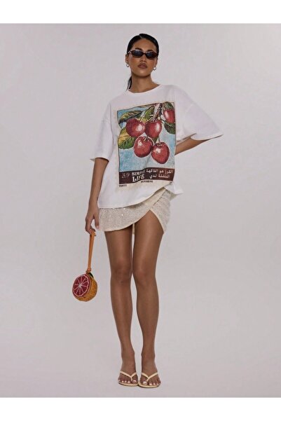 Kaptins Women's White T-Shirt with Slogan Cherry Pattern Printed T-Shirt Cotton