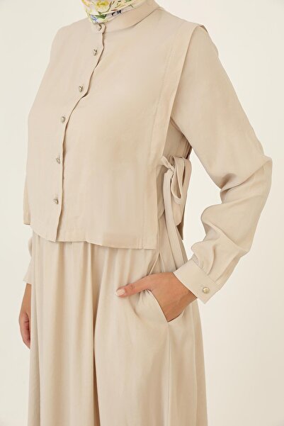 Loreen Γυναικείο μακρυμάνικο μάξι φόρεμα με μίνιμαλ κουμπιά-20691ELB - Μπεζ