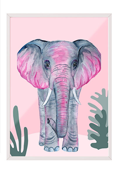 Zestia Tablou cu ramă albă, Ilustrație tropicală cu elefant roz, Poster decor...