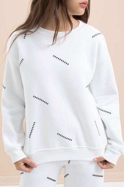 Cansın Mini White Girl's Patterned 3 Thread Ribbed Wide Leg Tracksuit Set 22644