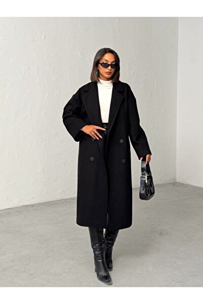 BEJNA Women's Black Buttoned Soft Textured Cashmere Coat