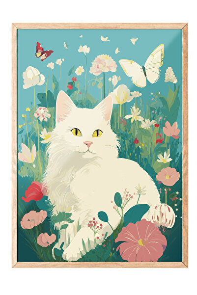 Zestia Tablou cu ramă din lemn, Pisică drăguță în primăvară cu flori, Poster ...
