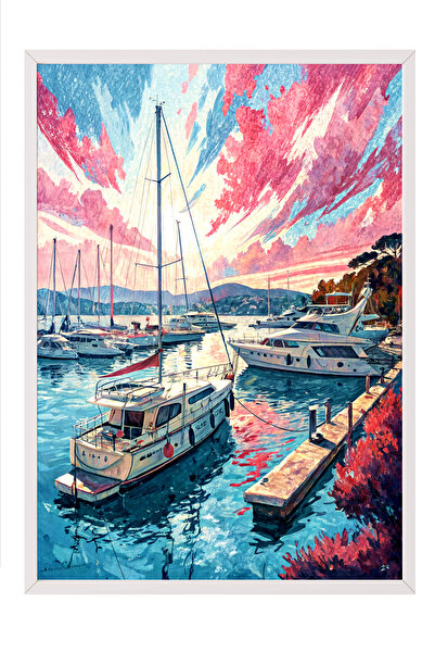 Zestia Tablou înrămat alb, peisaj cu portul de iahturi în apusul colorat al s...