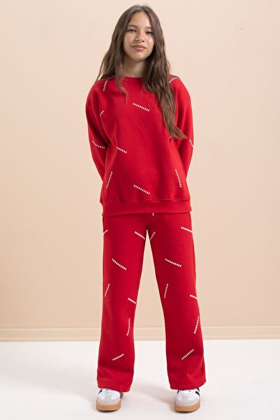 Cansın Mini Red Girl's Patterned 3 Thread Ribbed Wide Leg Tracksuit Set 22645