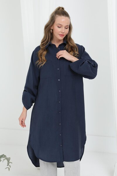 Puane Women's Long Shirt Tunic with Epaulettes on the Sleeves - 10685Tun - Navy