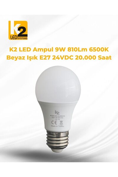 Genel Markalar K2 LED Ampul 9W 810 Lm 6500K Beyaz Işık E27 24VDC 20.000 Saat