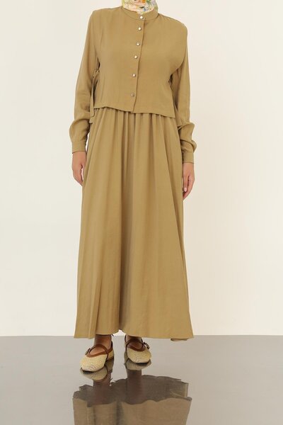 Loreen Women's Minimal Buttoned Belted Long Sleeve Maxi Dress-20691Elb - Olive Green