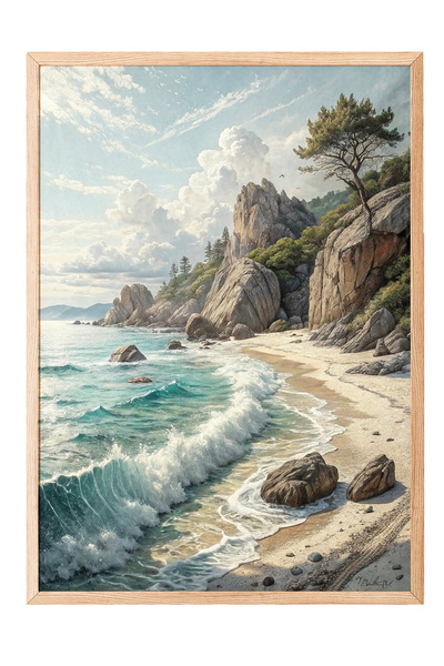 Zestia Tablou cu ramă din lemn, peisaj de coastă cu valuri și stânci, poster ...