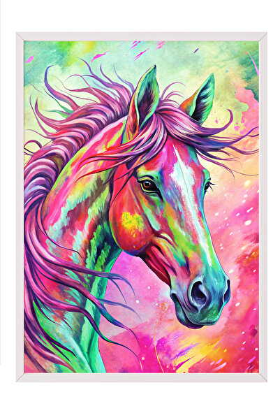 Zestia Tablou cu ramă albă, design abstract colorat cu cal, poster decorativ ...