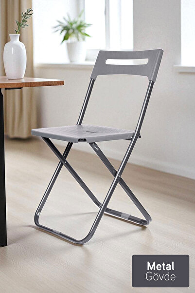 İronika Safran Katlanabilir Metal Gövdeli Sandalye Katlanır Mutfak Bahçe Kamp Sandalyesi Gri 1 Adet