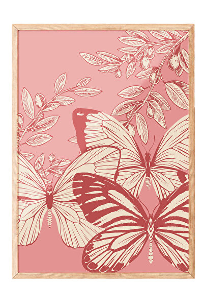 Zestia Tablou cu ramă din lemn, ilustrație cu fluturi pe fundal roz, poster d...