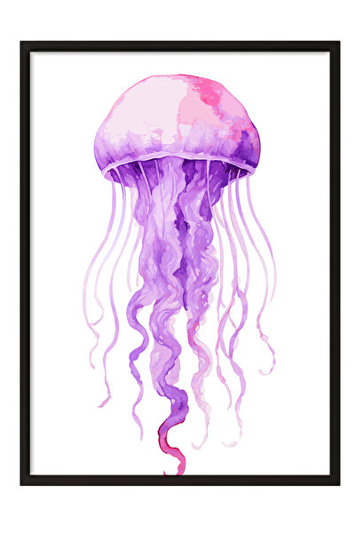 Zestia Tablou înrămat negru, ilustrație digitală cu meduze mov, poster decora...