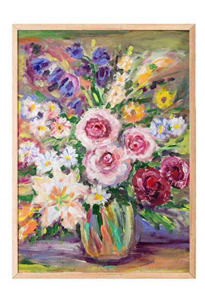 Zestia Tablou cu ramă din lemn, flori într-o vază colorată, poster decorativ ...