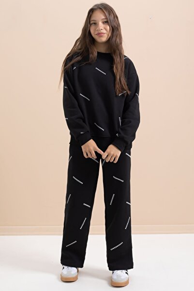 Cansın Mini Μαύρο κοριτσίστικο σετ φόρμας με σχέδιο 3 νήματα με φαρδύ πόδι 22642