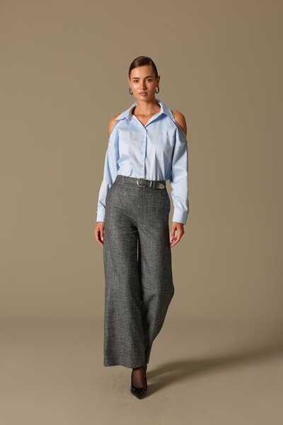 NOK İSTANBUL City Chic Payet Detaylı Kemerli Kumaş Pantolon SİYAH-GÜMÜŞ