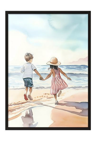Zestia Tablou cu ramă neagră, Peisaj cu copii la malul mării, Poster decorati...
