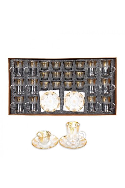 Generic Tea and Coffee Cups Set with Saucers - 36 Pieces, Transparent with Golden Decor