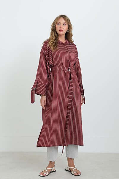 Puane Women's Belted Striped Tunic Shirt-10701Tun - Burgundy