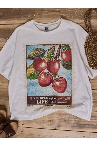 Kaptins Women's White T-Shirt with Slogan Cherry Pattern Printed T-Shirt Cotton