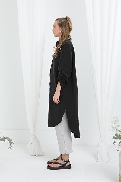 Puane Women's Long Shirt Tunic with Epaulettes on the Sleeves - 10685Tun - Black